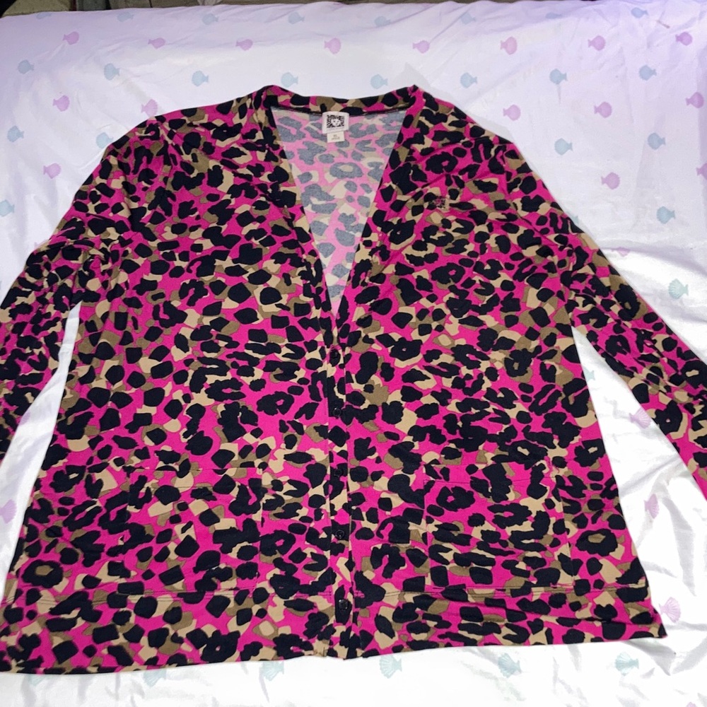 Anne Klein Pink and Black Leopard Print Button Down Shirt